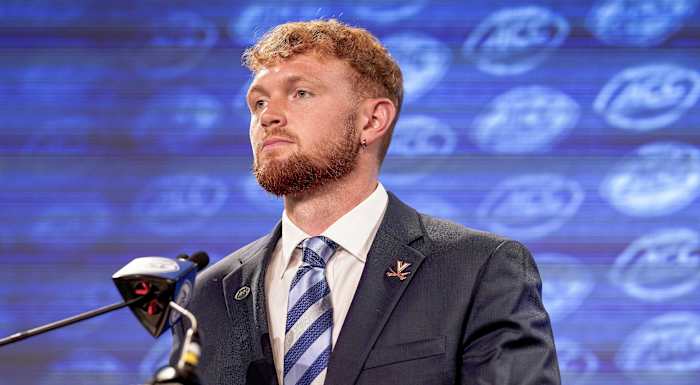 Virginia quarterback Brennan Armstrong talks to the media during the second day of ACC Media Days at the Westin Hotel in Charlotte, NC.